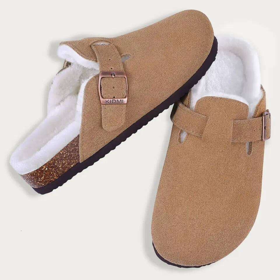 Litfun Winter New Fuzzy Mules With Adjustable Buckle Slip On Cork Footbed Potato Shoe Fur Lined Warm Women's Suede Clogs