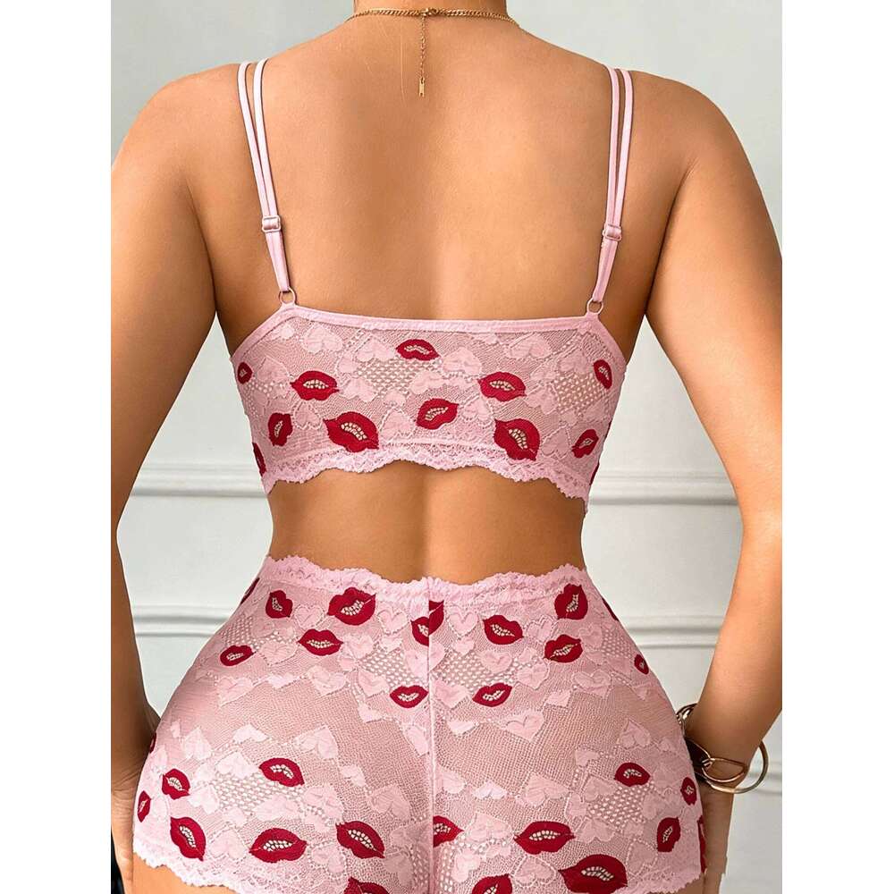 Lip Print Women's Underwear Hollow-Out Lace Unlined Bra Lingerie Set Thin Cup Wireless Sexy Bras and Sheer Panties