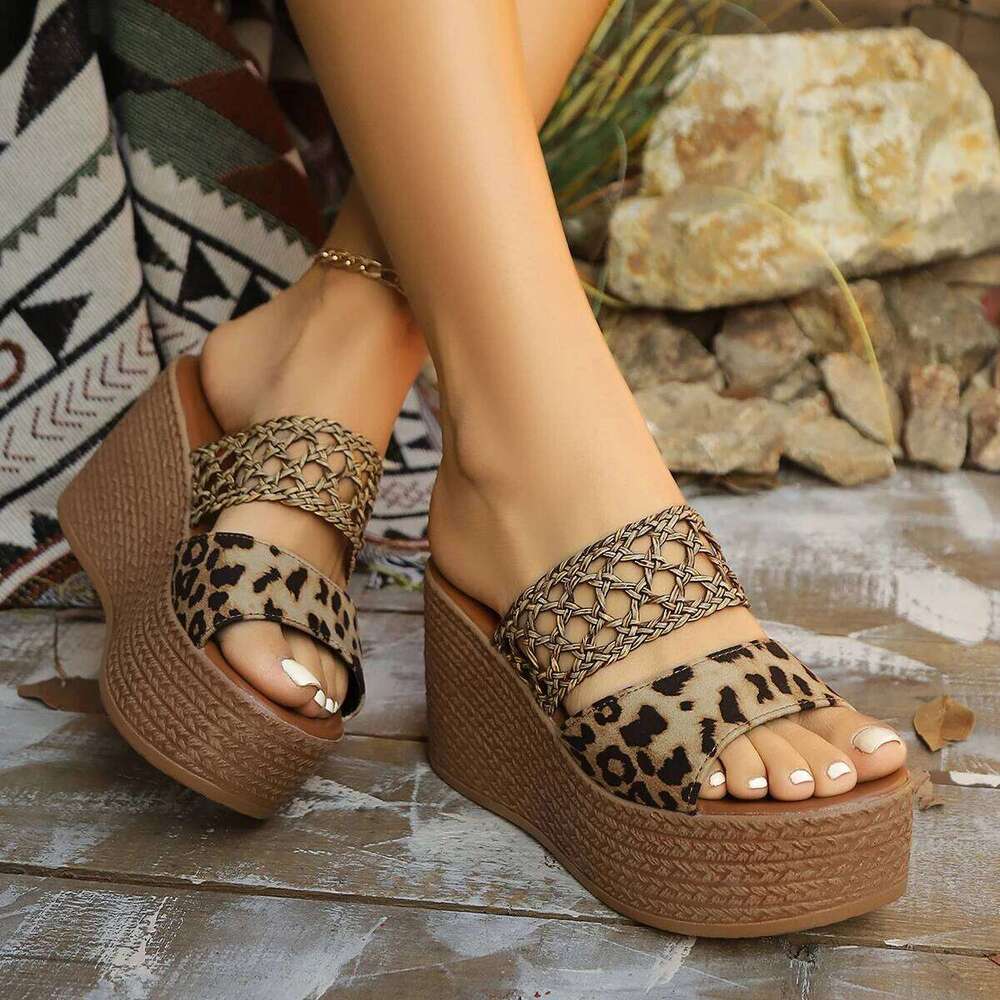 Wedges Women Platform Slippers Leopard High Heels Shoes Sandals Woman 2025 Trend Bohemian Flip Flops Fashion Slides Pumps