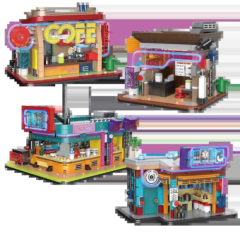 DECOOL Cyberpunk Street View Building Blocks Coffee Shop Sushi Restaurant With Led Strip Bricks Toys For Boys Birthday Gifts Z260306