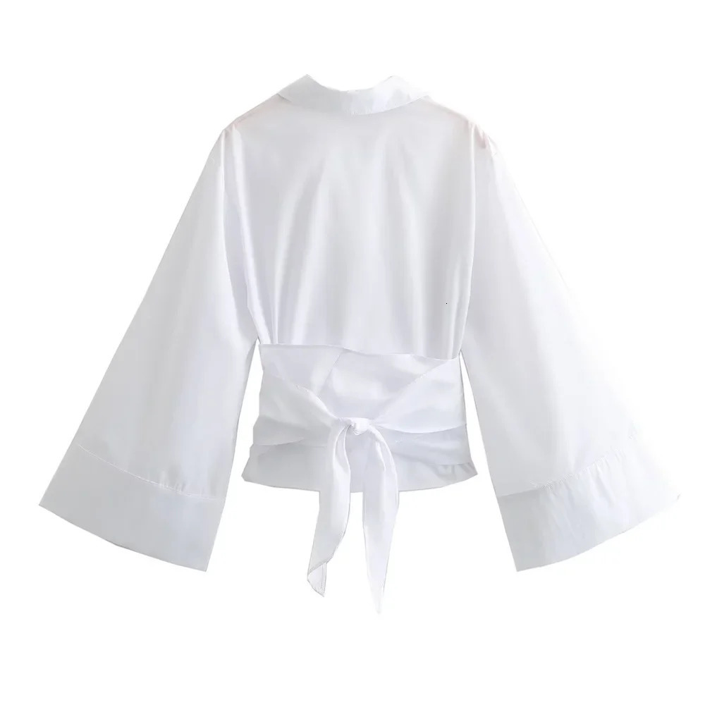 Womens Fashion Casual Polo Neck Bow Tie up Short Edition Double Breasted Poplin Shirt 260306