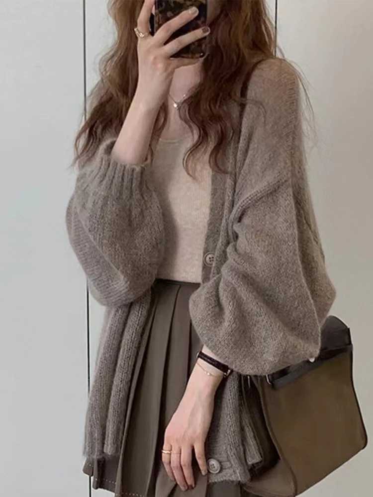 New Fashion Puff Sleeve Button Knitted Cardigan Womens Weaters Autumn Winter Long Sleeve Casual Loose Women Sweater Coat M260306