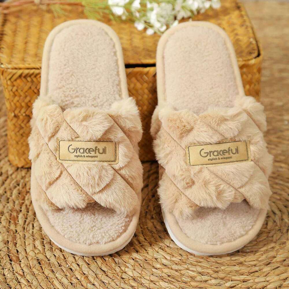 Litfun Winter Fluffy slippers For Women Open Toe Flat Bottom Home Slides New Warm Indoor Cotton Shoes Soft Sole Women's Slippers