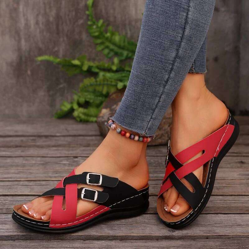 2026 New Women's Double Buckle Design Fashionable Hollow Leisure Beach Color blocked Sandals