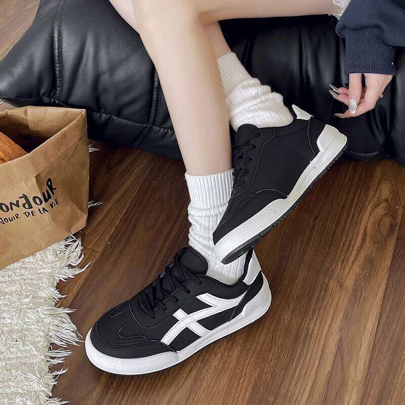 2025 Spring Women's Shoes Toddlers Sneakers Breathable PU Leather Girls Flats Tennis Shoe Pink/Black, Size 36~41