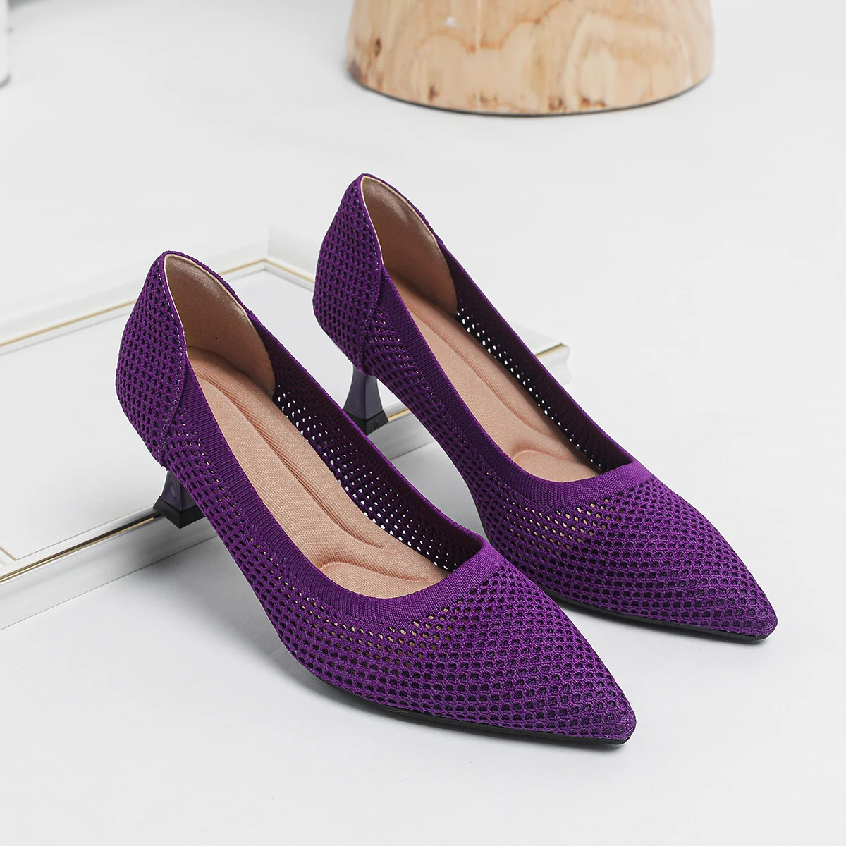 Large Womens Summer High Heels Mesh Breathable Knitted Non slip Rubber Sole Fashion Soft Lightweight Pointed Shoes 260306