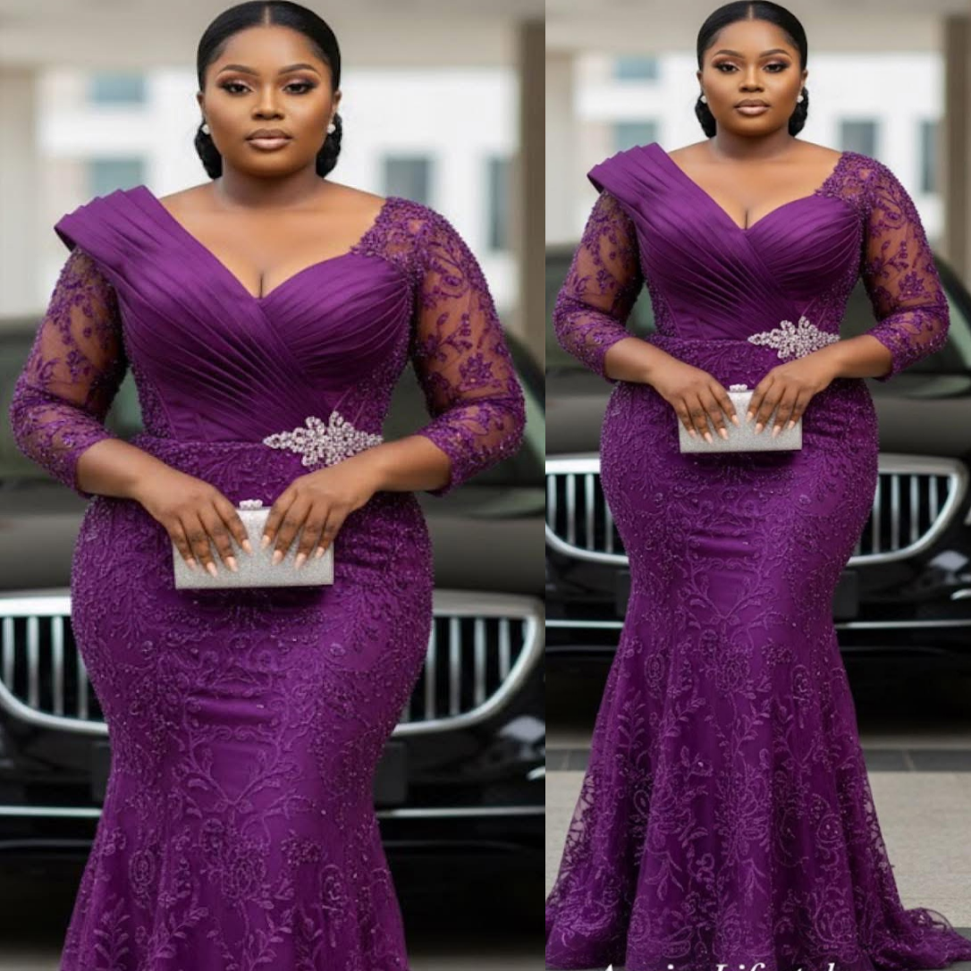2026 plus size purple mermaid mother of bride dresses vneck lace full sleeves evening party mamas dress vintage 50s birthday wedding guest groom mothe