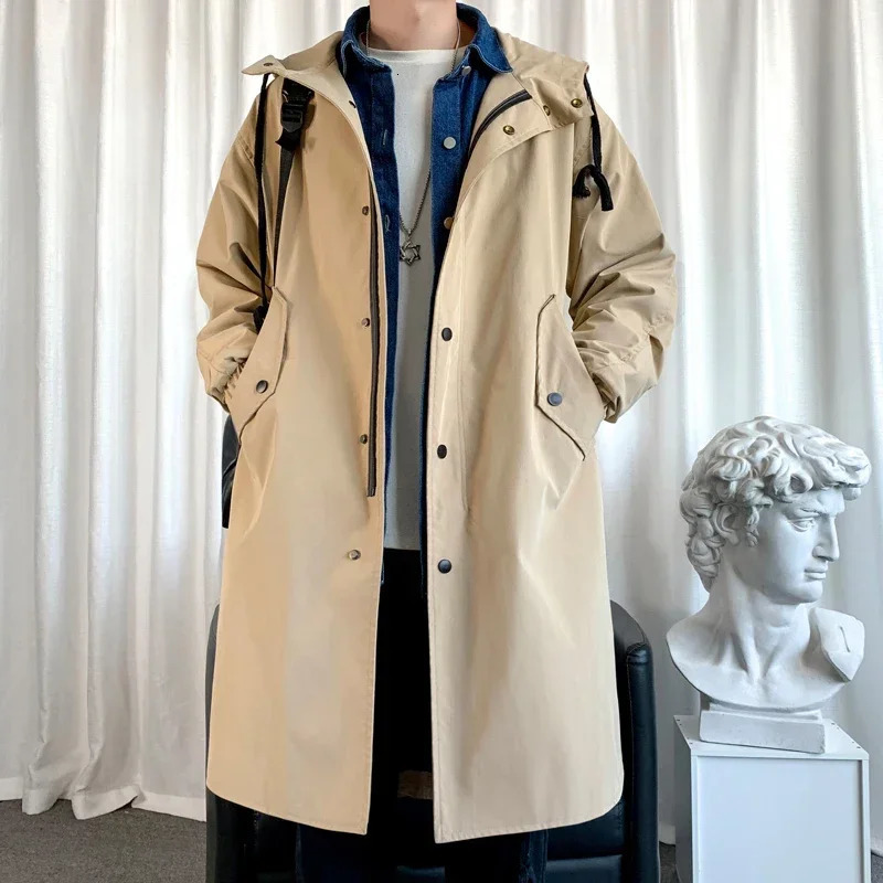 Mens Black Long Hooded Trench Coat Oversized Loose Fit Windbreaker Fashion Casual Waterproof Jacket 2026 Korean Streetwear 260302