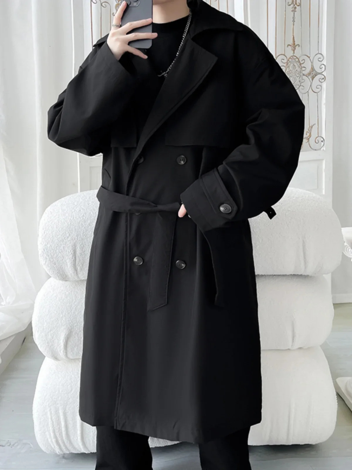 Mens Trench Coat Slim fit Double Breasted Belted Windbreaker Lapel Long Jacket Casual Windproof Overcoat Men M5XL 260302