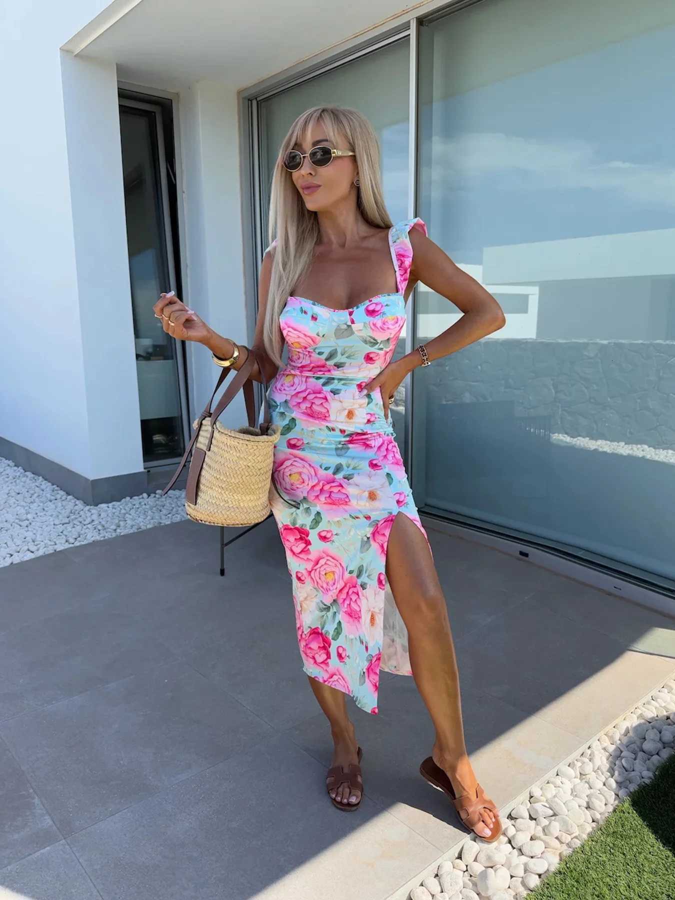 European and American summer new elegant design French flower suspender slit midi-length ladies dress X260306