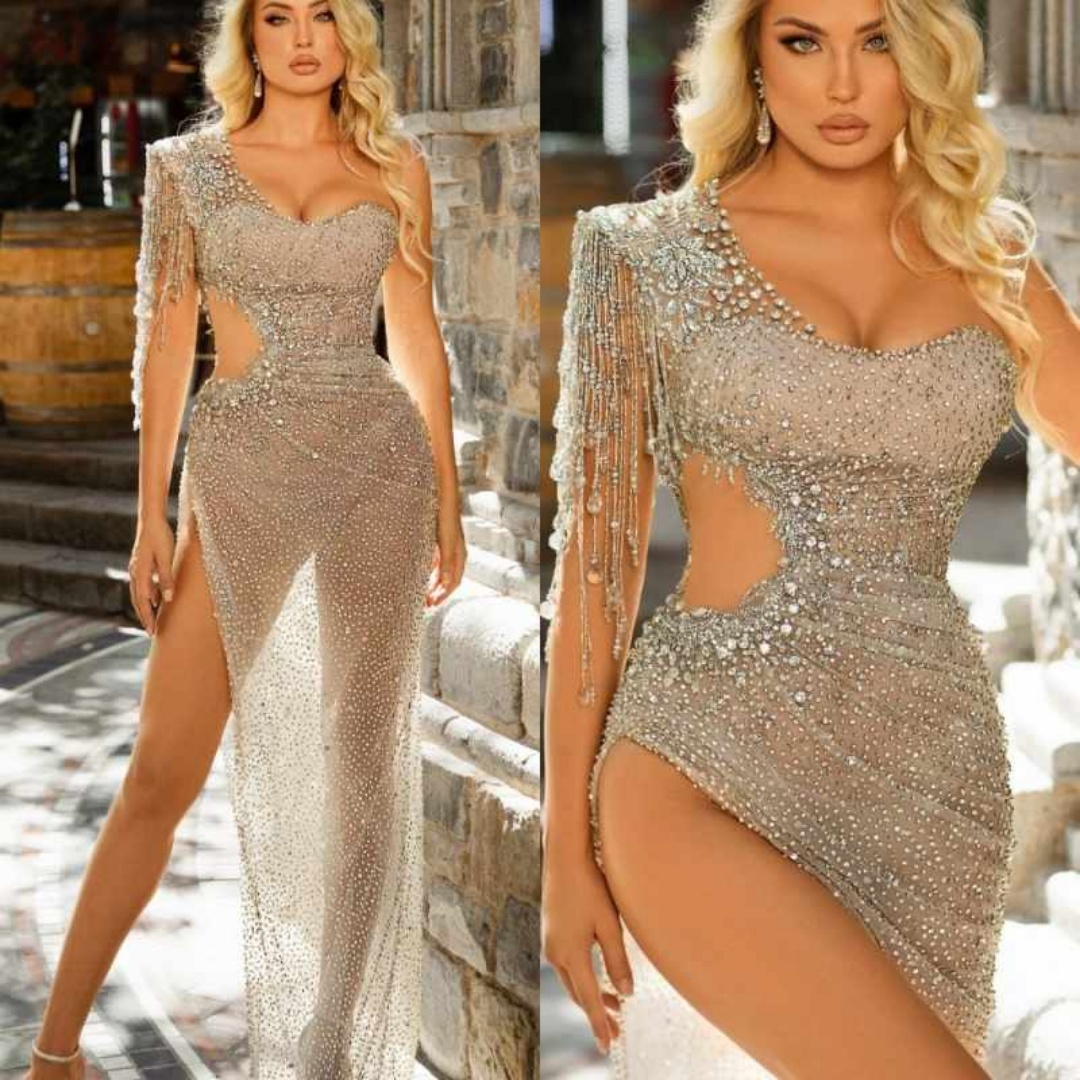 New Arrival Evening Dresses Mermaid One Shoulder Strapless Rhinestones Crystals Prom Dresses Backless Celebrity Party Gown Customized Vestido De Novia