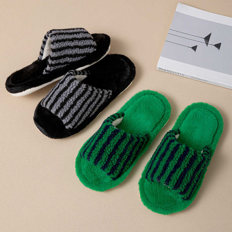 Striped Color-Block Open-Toe Cotton Slippers for Women Ins Style Furry Slippers Designer Home Plush Slippers S260305
