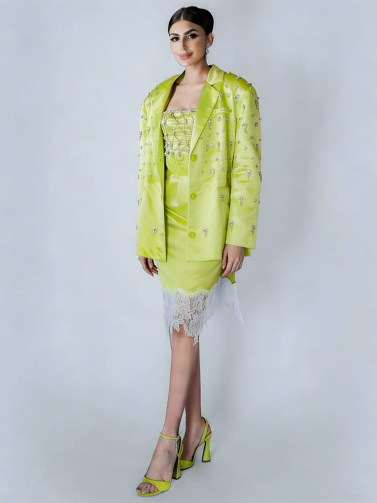 Fresh Green Pearl Beaded Women Dress Suit 2 Pieces Sheath Spaghetti Wedding Guest Mother Dress Customized Crystal Blazer Outfit