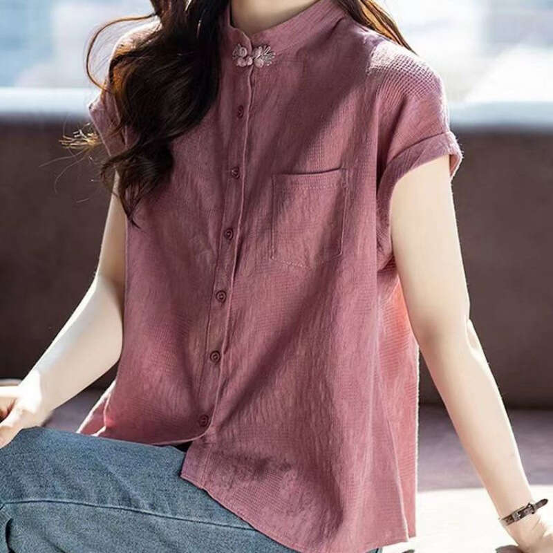 Stand-up Collar Button Cotton Linen Shirt for Women in Summer New Fashionable Age-reducing Top Slim and Short-sleeved Shirt