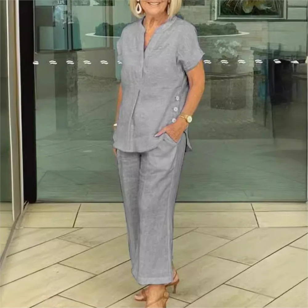 Fashion Cotton Linen Short Sleeved Women Shirt Pants Suit Spring Summer Simple Casual Pocket Pants Female Office 2 Piece Set 260305