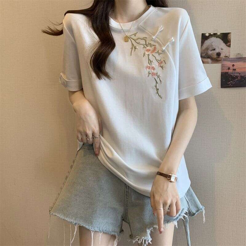 Women Summer Chinese Style Graceful Embroidery Floral Black T Shirts 2025 New Lady Casual Loose Short Sleeve Retro Tops Female