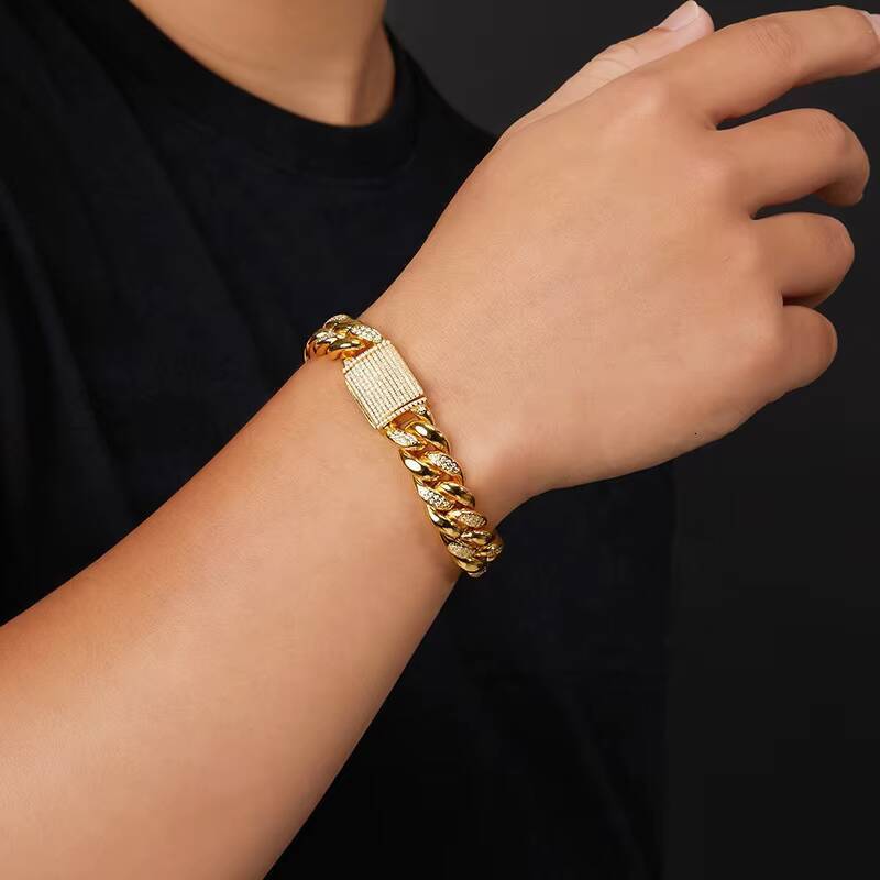 S925 Silver Gold/Silver Plated Inlaid Moissanite 14mm Wide Hip-Hop Cuban Bracelet for Men Third Party Bracelets Bangles