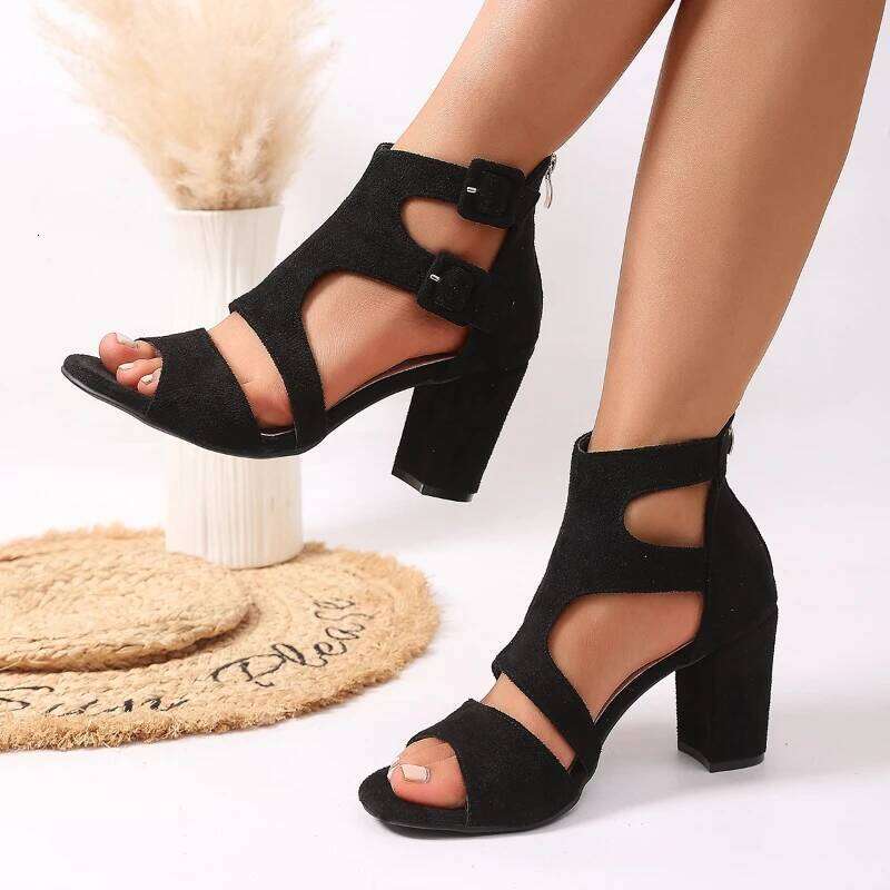 2025 New Fashionable Hollow Design High Heel Outdoor Black Simple Style Women's Sandals
