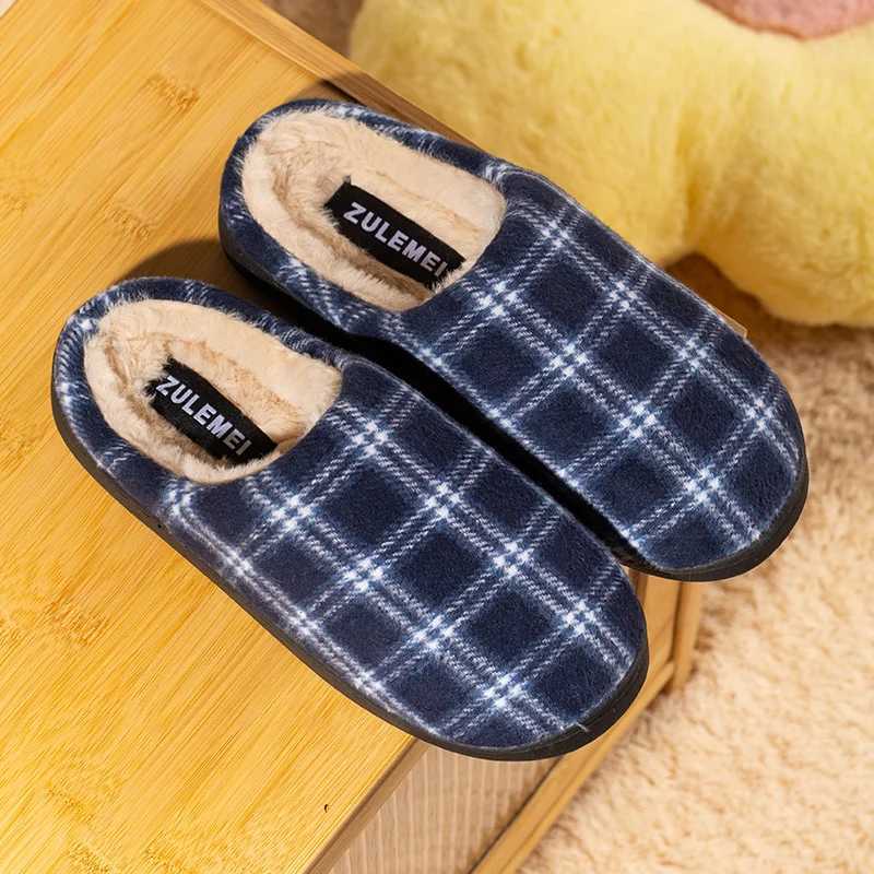 New Mens Striped Warm House Fleece Cozy Non-slip Plaid Cotton Mops Couples Slippers Winter Soft Indoor Bedroom Couples Shoes S260305