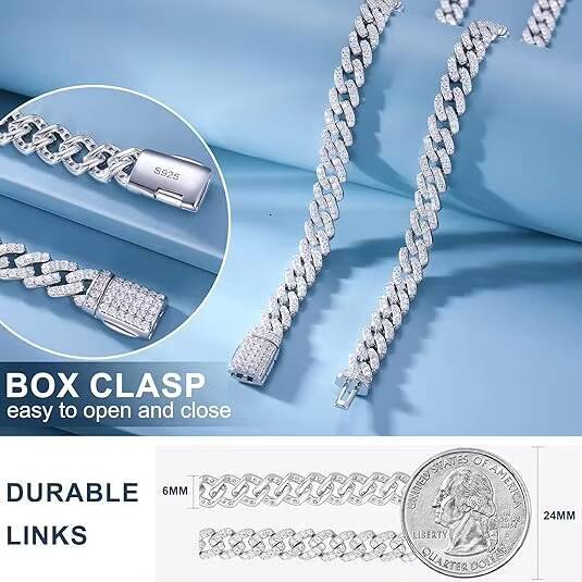 Fine Hip Hop Jewelry 6mm White Gold 925 Sterling Silver VVS Moissanite Diamond Iced Out Cuban Link Chain Bracelet for Men Women