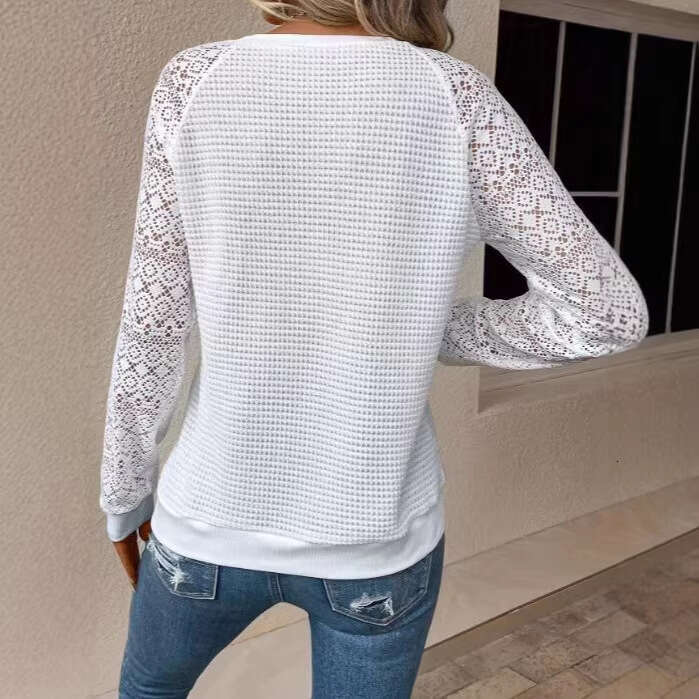 manufacturer European and American 2025 new solid Designer color lace long-sleeve hollow-out round-neck casual women's T-shirt top