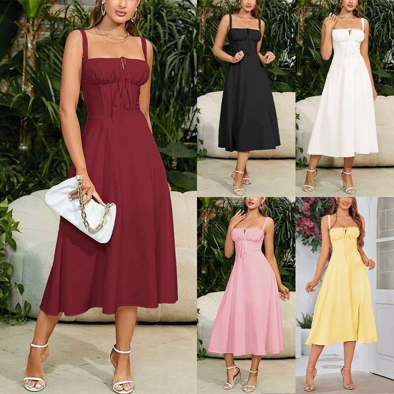 2026 Summer New Hot-Selling Slim-Waist Fishbone Shaped Slit Drawstring Tie-Up Strapless Dress