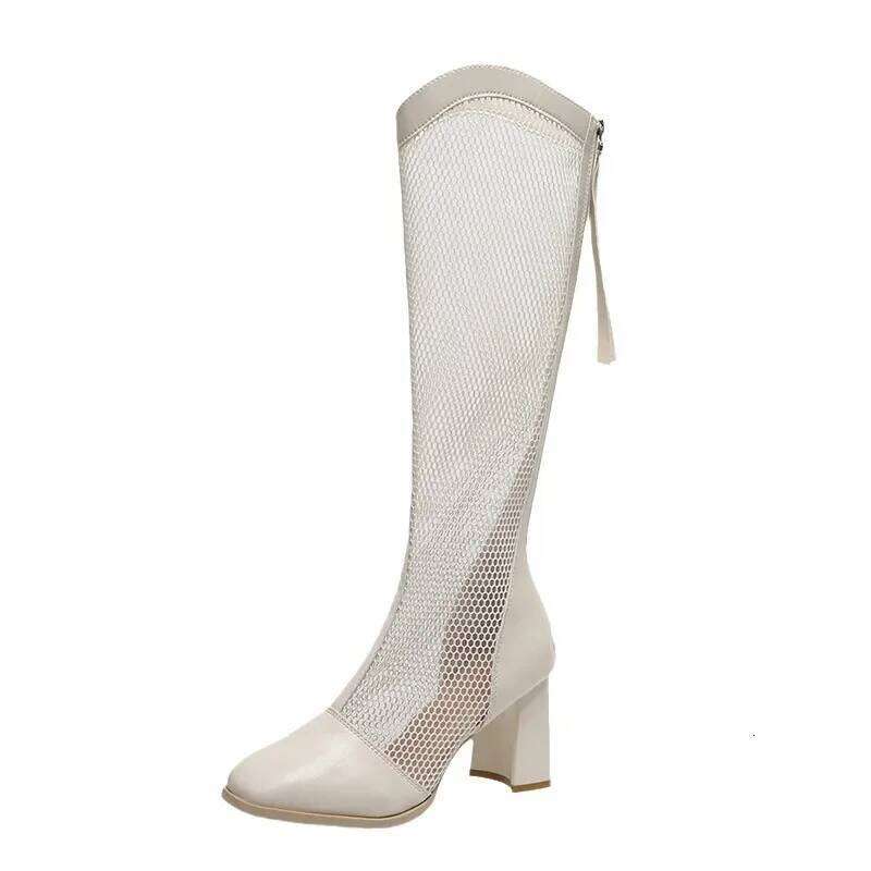 Chunky Long Female 2025 Summer Mesh Hollow White Pointed Head Tube High Heel Sandal Boots Versatile Shoes