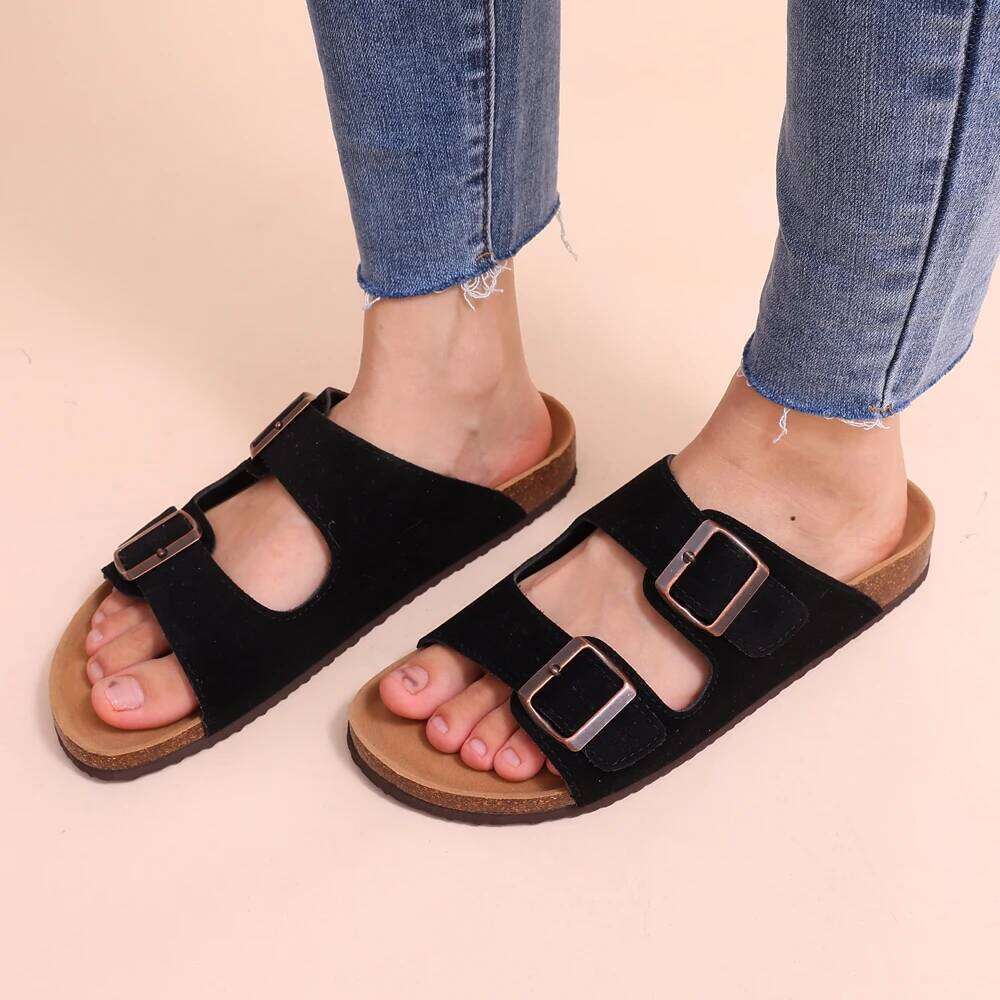 Litfun Women's Cork Footbed Fashion Ankle-Strap Suede Slippers Platform Outdoor Beach Sandals Home Comfort Flats Slides