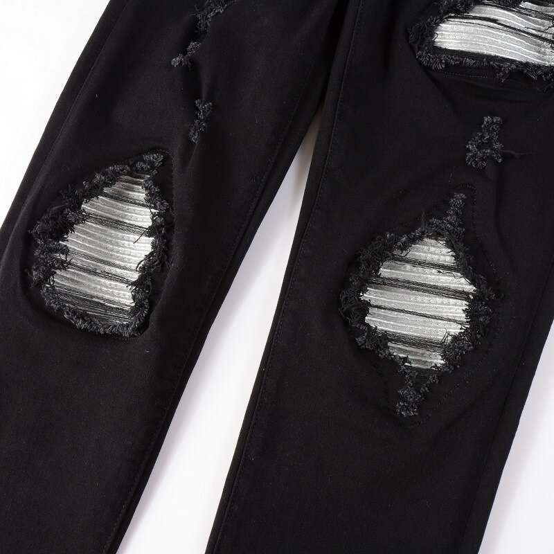 Trendy High Street Slim Fit Style Ripped silver Patch European and American Jeans Men's Pants Skinny