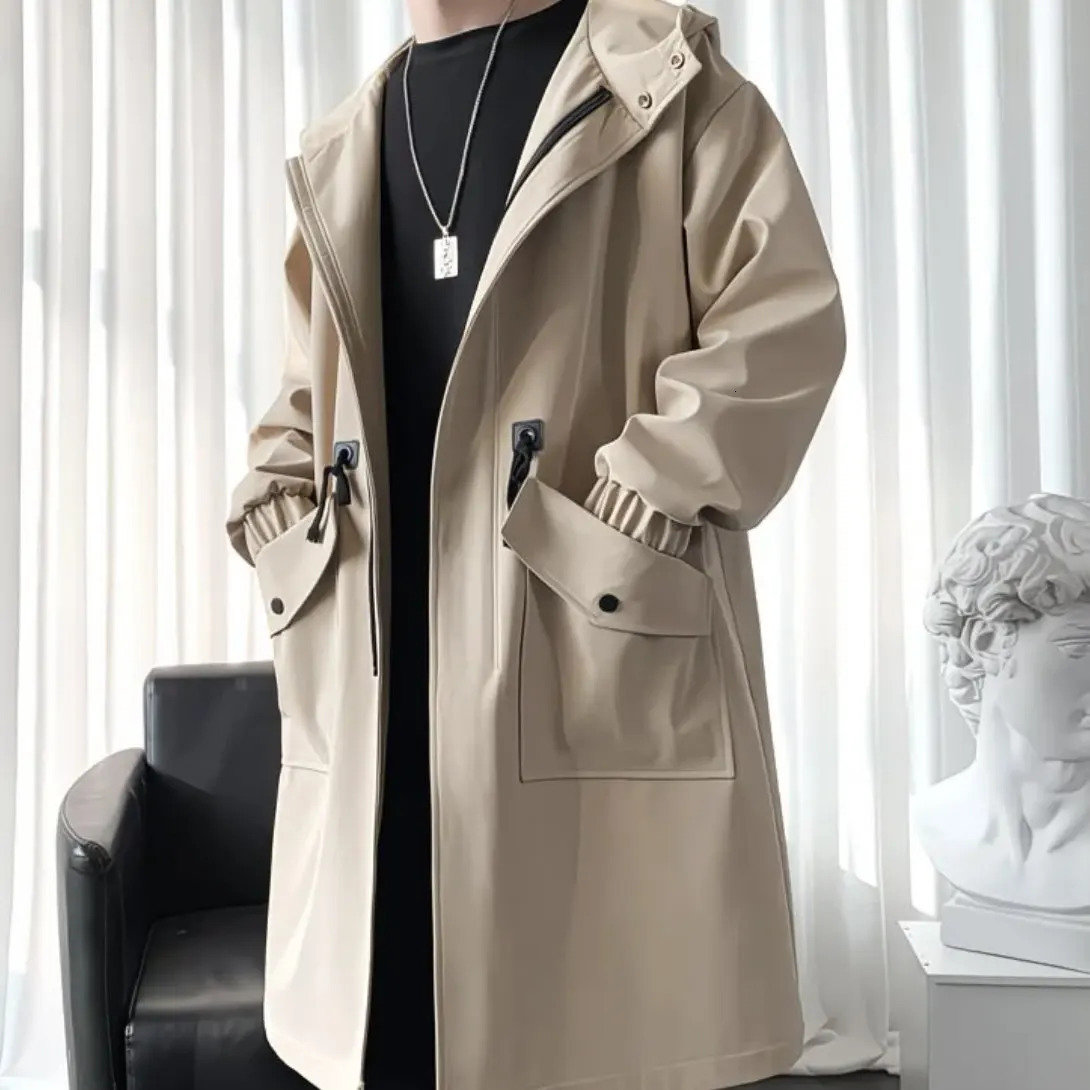 Trench Coat Men Casual Hooded Outwear Teens Pockets Temper Streetwear Chic Handsome Simple British Style Ropa Para Hombre 260302