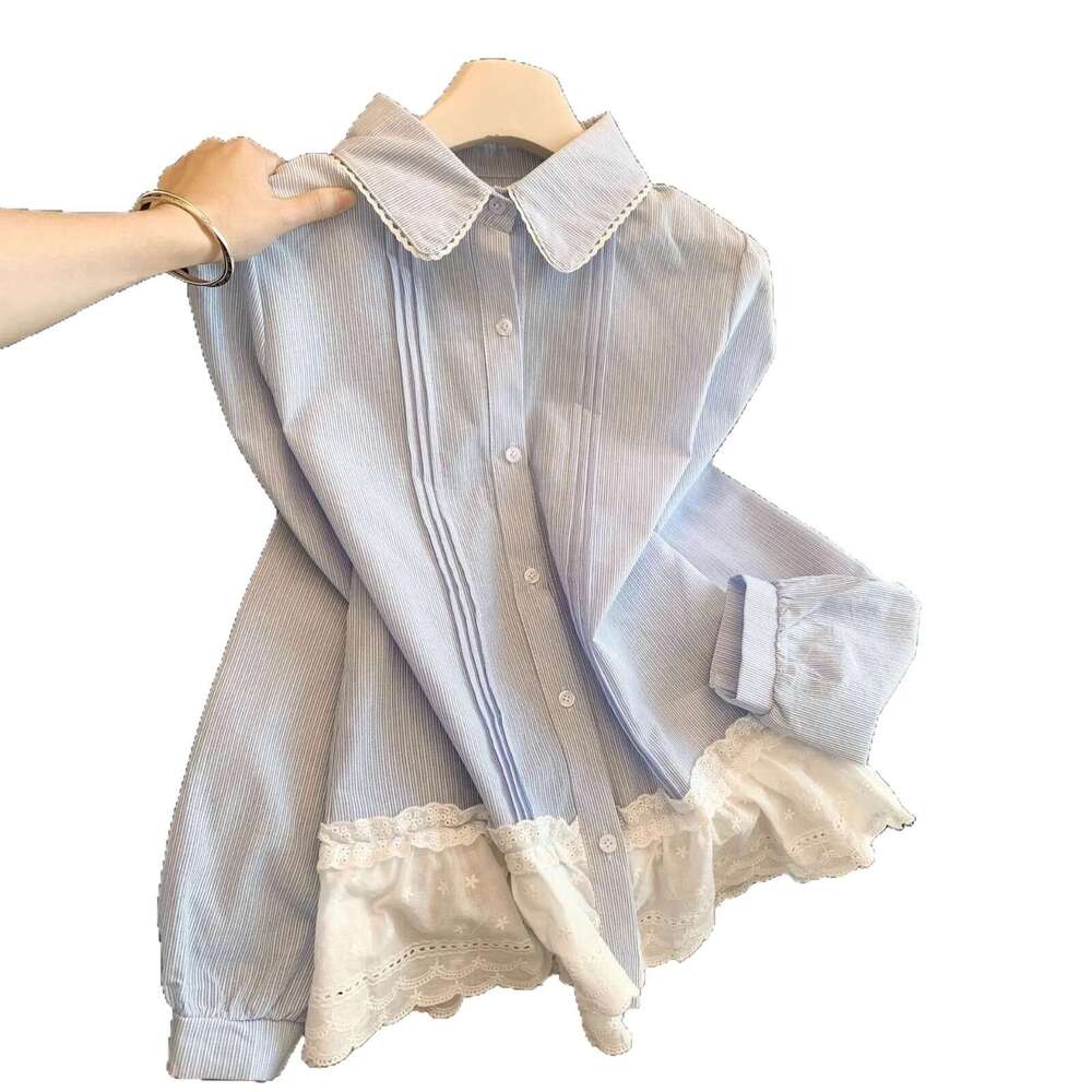 Elegant white long-sleeve shirt with lace hem and patchwork design for women, 2026 new model, Designer doll collar top A10479