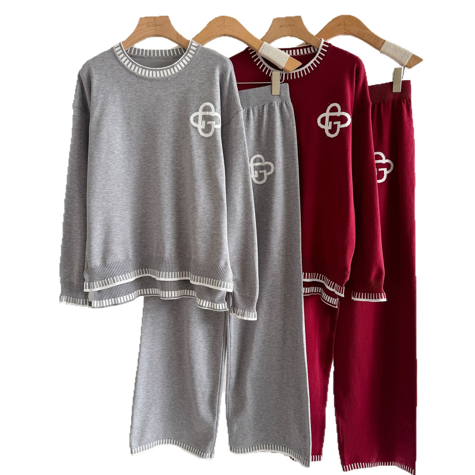 European and American Cross-Border Fashion Woolen Suit Autumn Winter Top + Casual Sports Wide-Leg Pants Knitted Two-Piece Set for Women