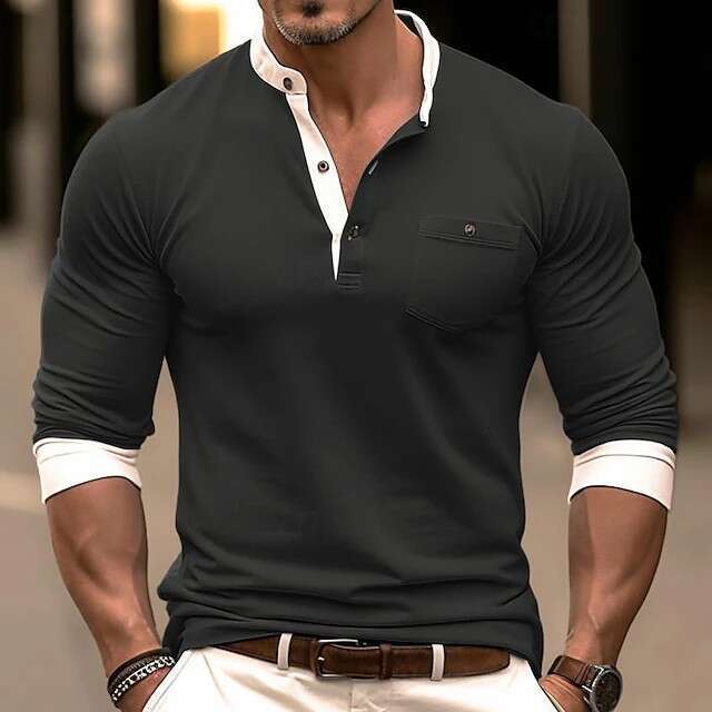 Amazon European and American Long Sleeve Crew Base Shirt Foreign Trade Men's T-Shirt Henley Neck Top