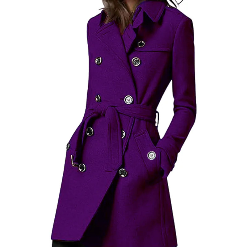 Womens Trench Coat Wool Blends Double Breasted Lining Jacket Belt Shoulder Badge Casual Coats Streetwear Clothing 260228
