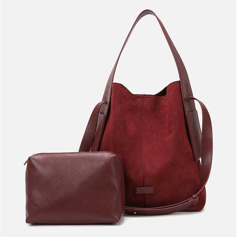 Angola Red Suede Type Hanging Tote Bag Designer Vintage Shoulder Bag Daily Genuine Leather Woman Tote Bag With Small Inner Bag H260306