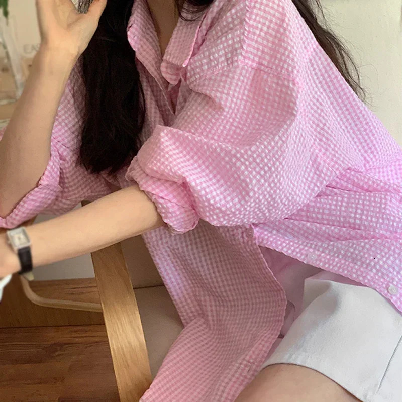 Korean Womens Shirt Sunscreen Long Sleeves Shirt Summer Womens Loose Casual Single Breasted Turndown Collar Plaid 260306