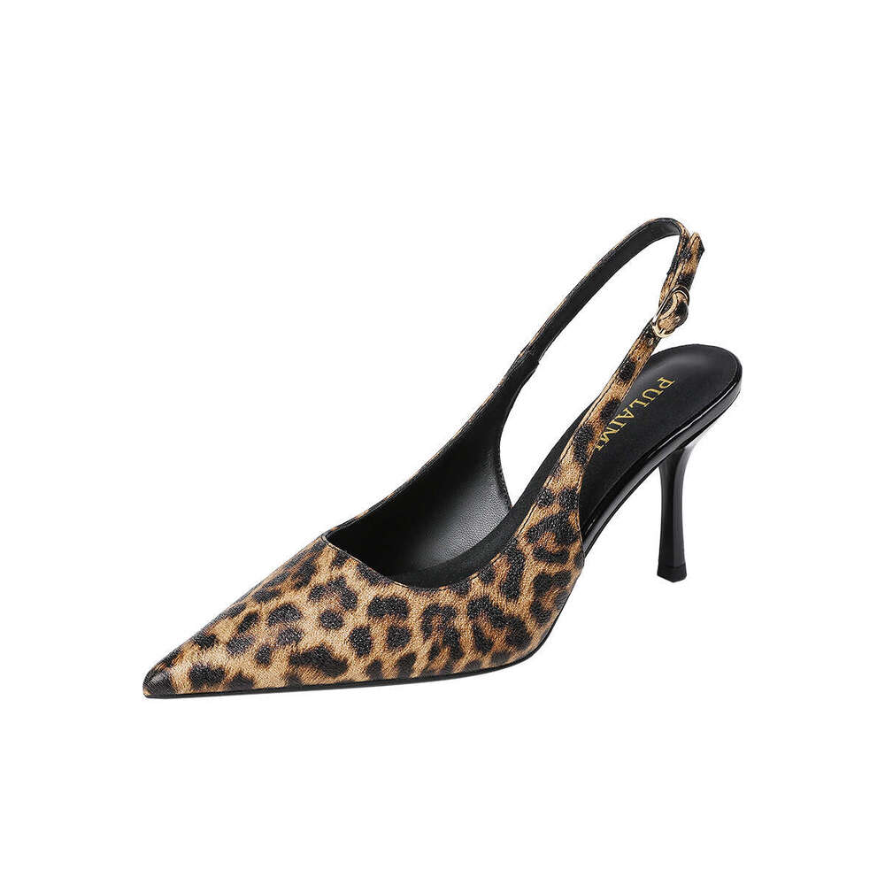 New Leopard Print Leather Pointed Toe High Heels Stiletto Shallow Mouth Fashion Sexy Backless Single Shoes Half Slippers Sandals For Women