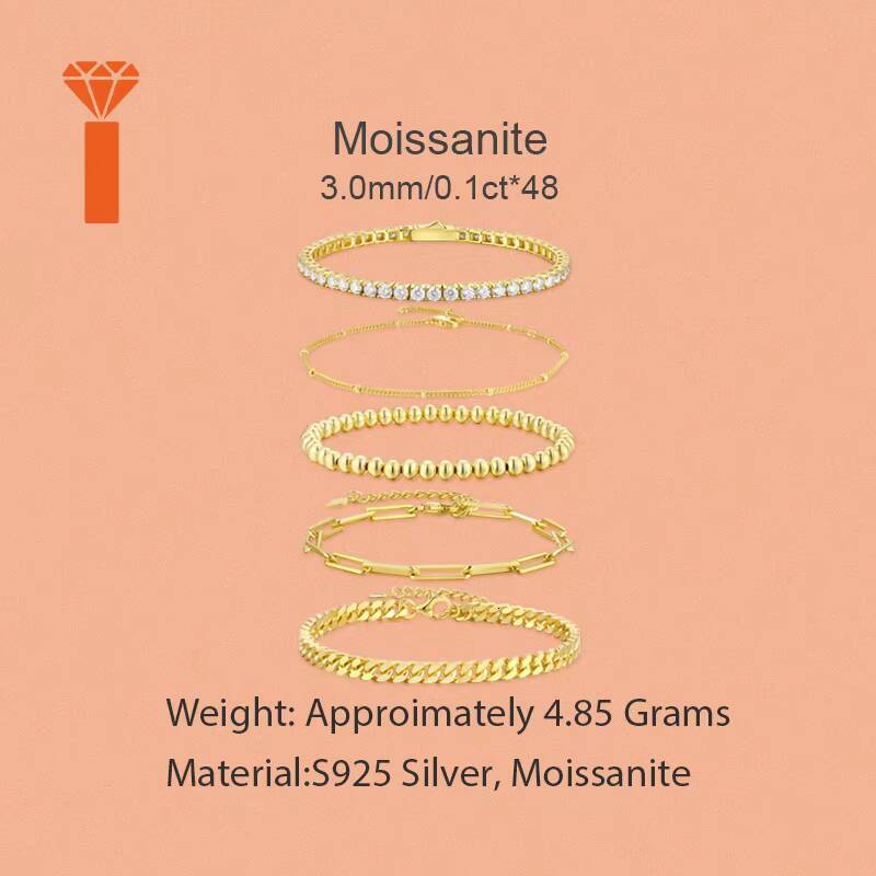 925 Sterling Silver Fine Jewlery Gold Plated Cuban Bracelets Tennis Charm Bracelets Set Moissanite Beads Women Bracelets