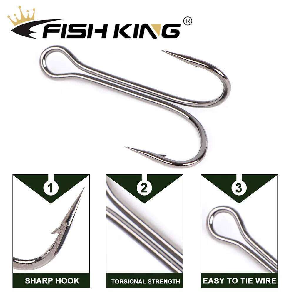 FISH KING 20pcs/pack Double Fishing Barbed Carp Fishhook For Soft Worm Lure High Carbon Steel Duple Hooks S260305