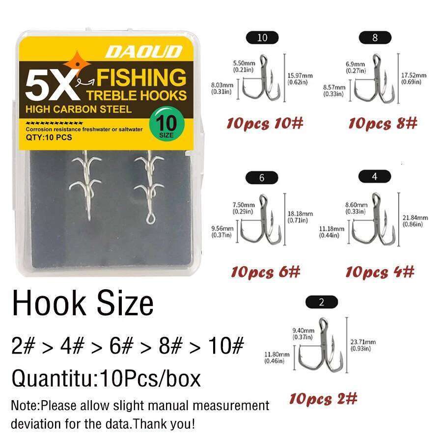 10Pcs/box 5X Strong Barbed Sharp Triple for Freshwater Saltwater Fishing 20Pcs/2Box 2#-10 # Treble Hook S260305