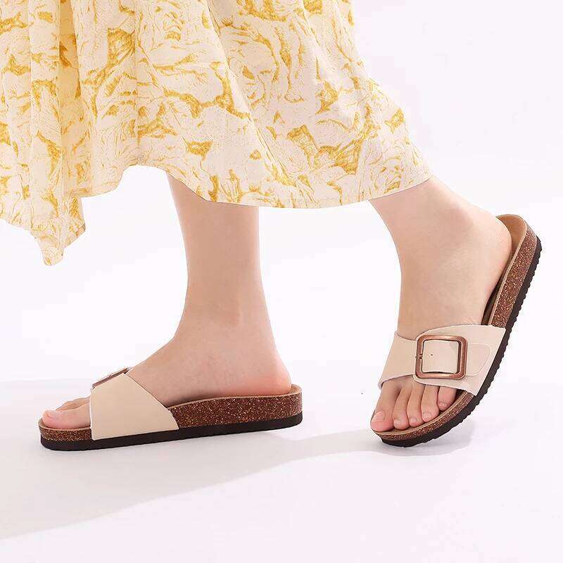 Litfun Women's Cork Sandals 2025 Summer New Clogs Leather Flat Mules Outdoor Beach Slippers With Adjustable Buckle