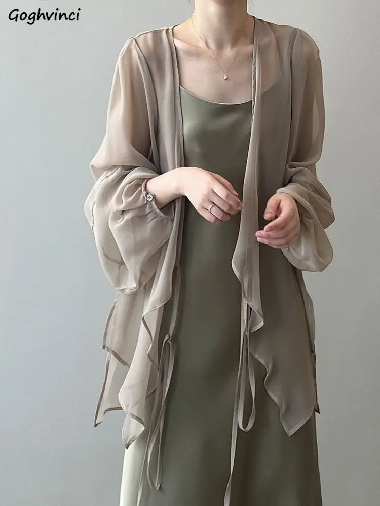 Shirts Women V-neck Loose Long Sleeve Open Stitch Korean Style Lace-up Simple Solid Summer Chiffon Breathable Minimalist Stylish 260306