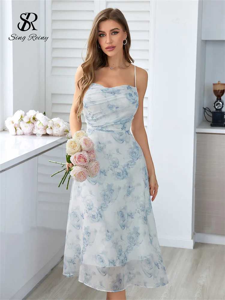 SINGREINY Women Floral Spaghetti Strap Dress Elastic Ruched Sexy Hollow Backless Party Dress Summer Boho Vacation Beach Sundress X260306