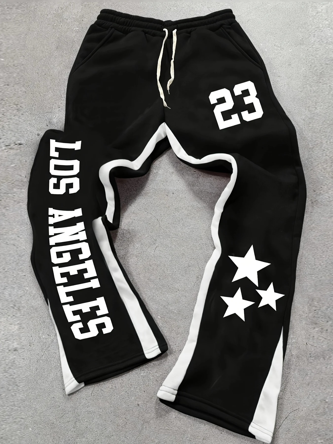 Mens Trendy American Street - style Black - White Color - Block Long Trousers with LA Letter Print Micro - Flared 260303