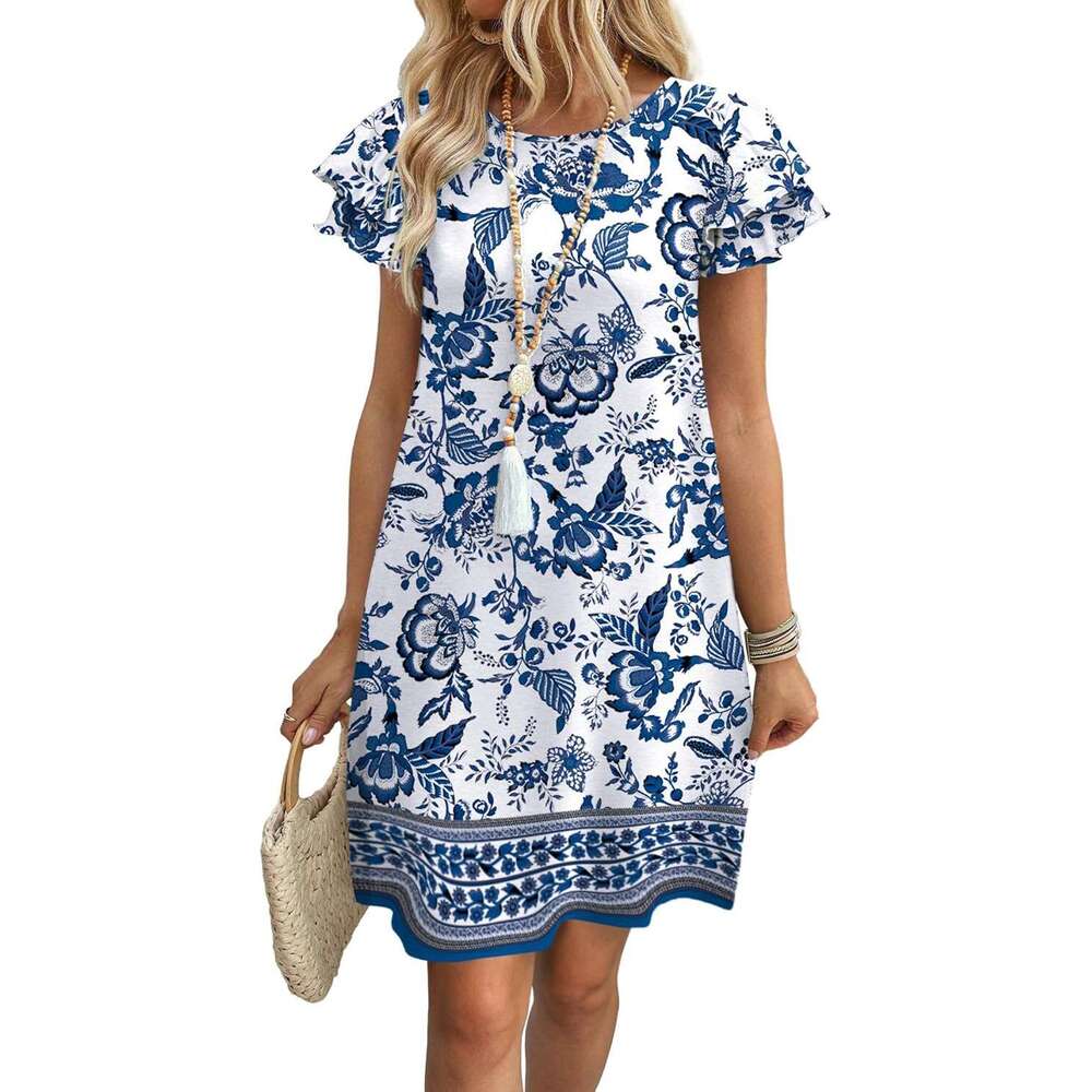 Womens Summer Dresses 2026 Designer Ruffle Sleeve Round Neck Loose Swing Sundresses with Pockets Plain/Print