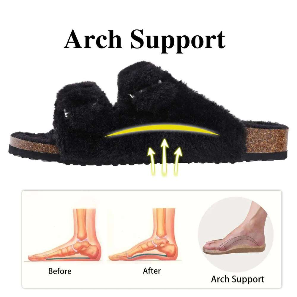 Litfun Winter Fluffy Slippers Arch Support Cork Insole Comfy Slides Furry Women's Sandals With Adjustable Buckle
