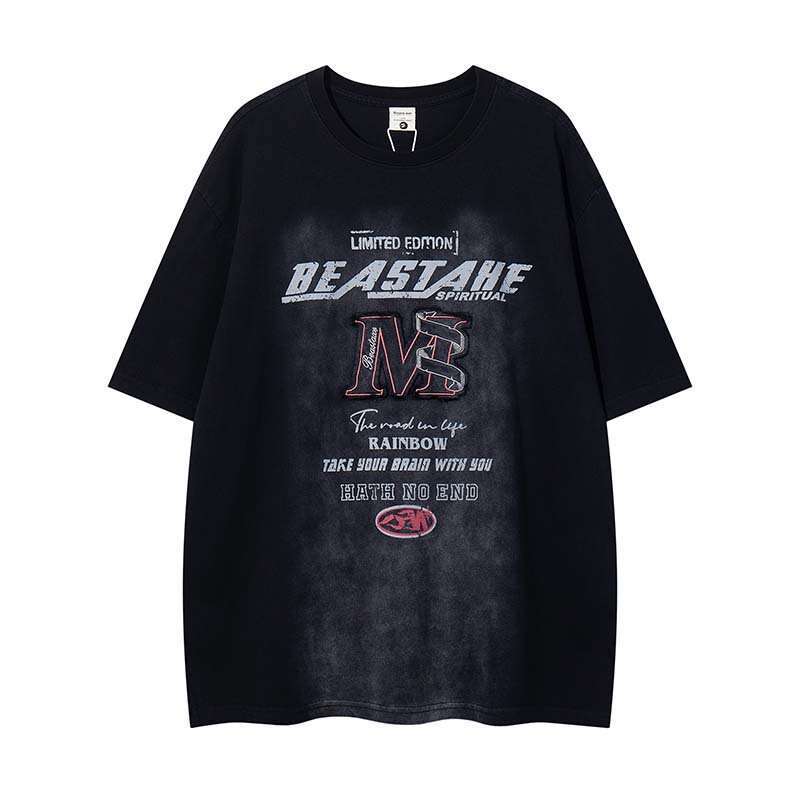 American retro patch embroidery letter print washed short-sleeve t-shirt for men, street fashion brand, loose vintage top
