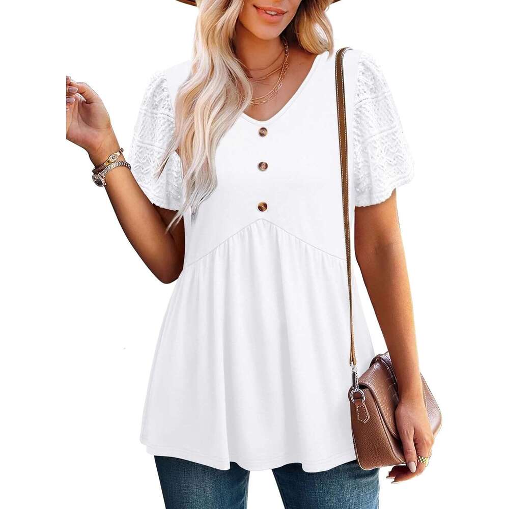 Womens Designer Summer Babydoll Short Button Down Lace Sleeve Peplum Tunic Tops V Neck T Shirts