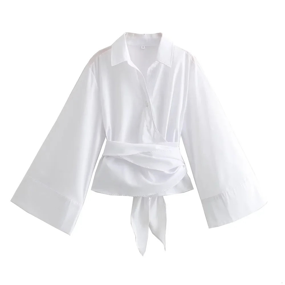 Womens Fashion Casual Polo Neck Bow Tie up Short Edition Double Breasted Poplin Shirt 260306