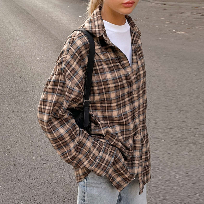 European-style cross-border spring vintage for women, long design, stylish base layer, loose fit plaid shirt